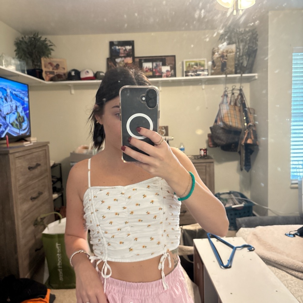 White Floral Ruched Women's Top